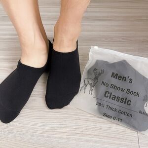 5 Pairs Men's No Show Sock Classic 98% Thick Cotton Black Size 6-12 L with Bag